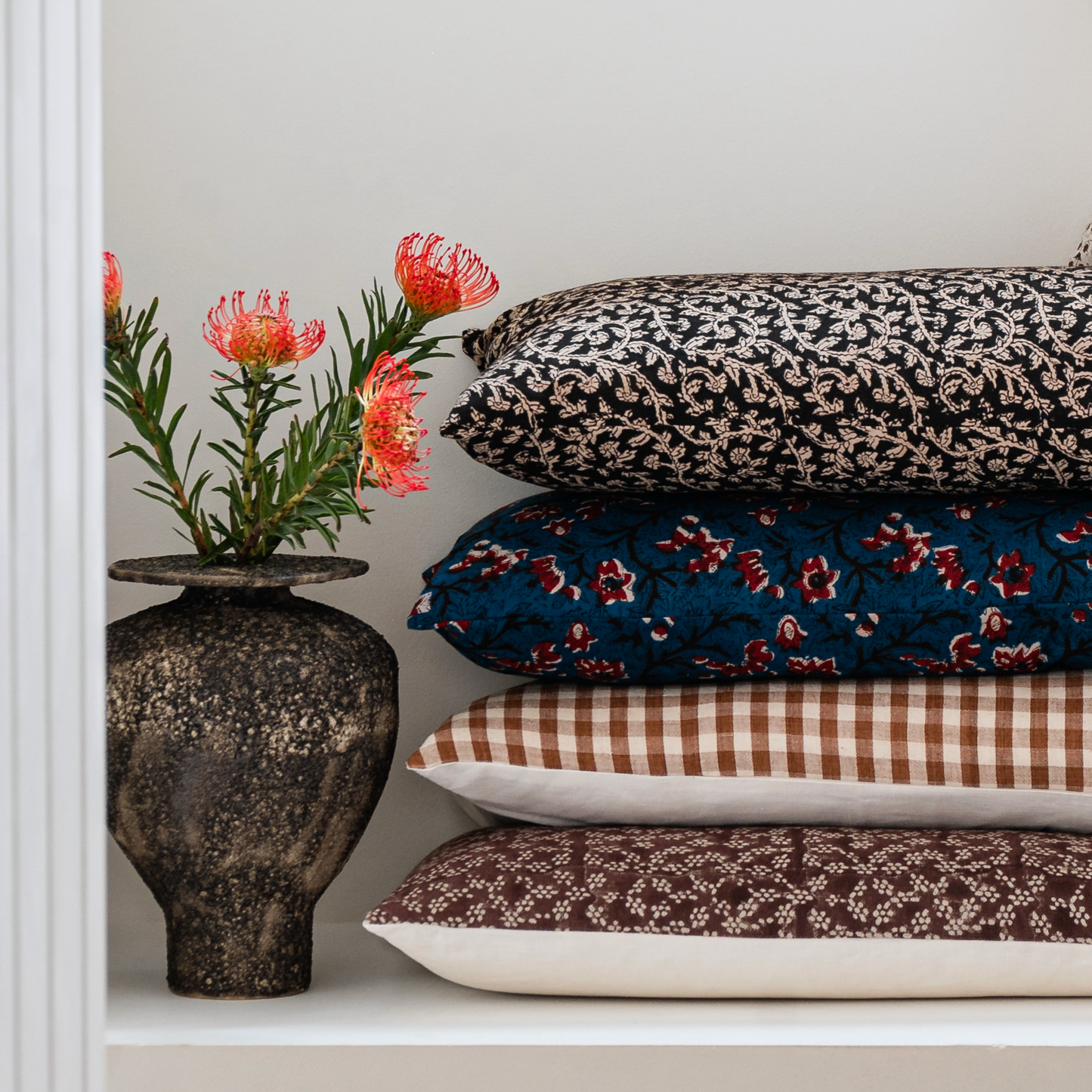 Medium Lumbar Pillow Cover - Indigo and Ruby Floral Cotton Block Print