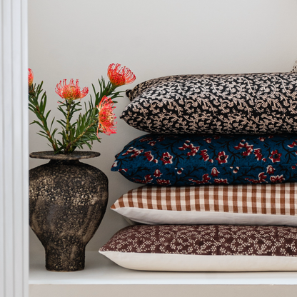 Large Lumbar Pillow Cover - Indigo and Ruby Floral Cotton Block Print