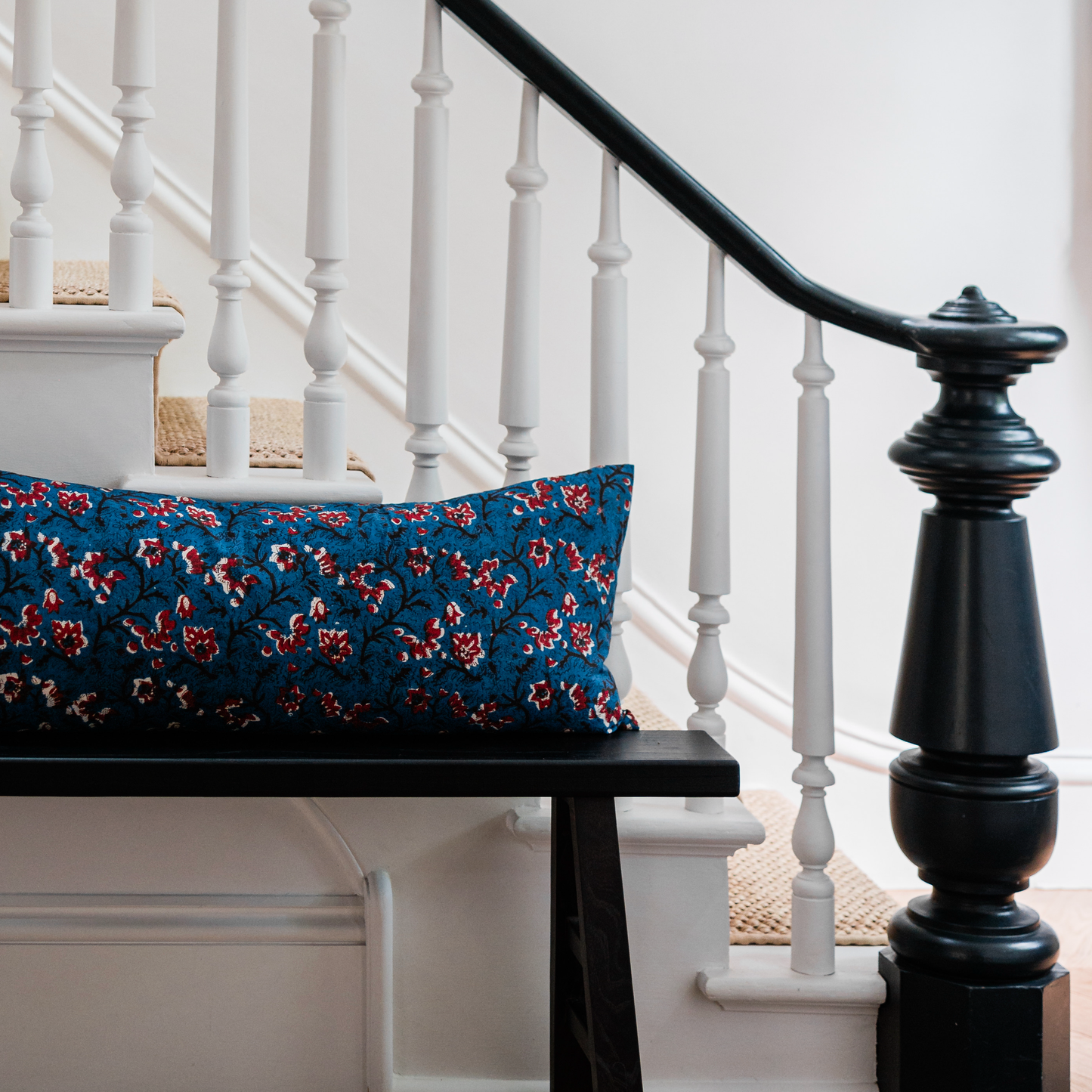 Large Lumbar Pillow Cover - Indigo and Ruby Floral Cotton Block Print