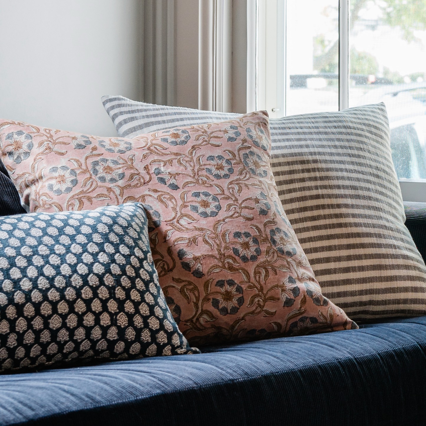 Medium Lumbar Pillow Cover - Indigo Floral Blossom Block Print