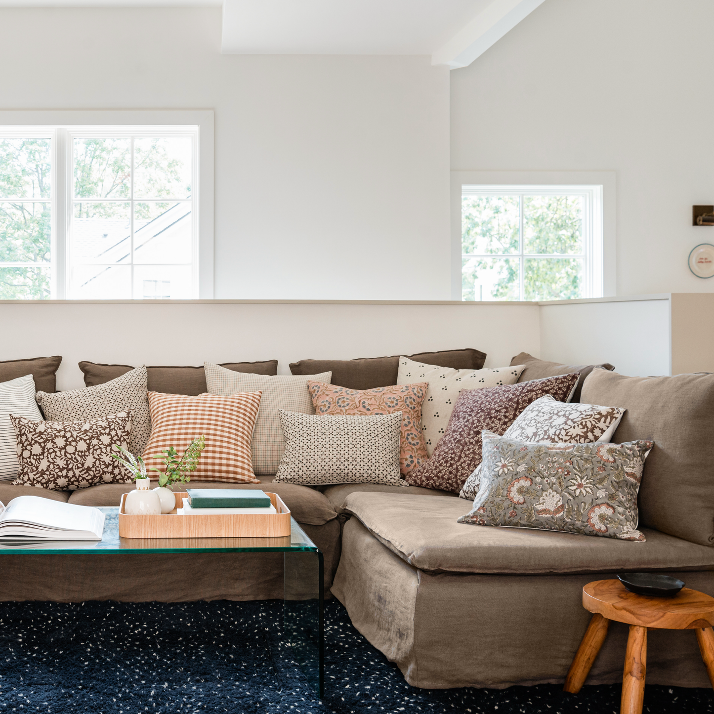 Square Pillow Cover - Chestnut and Slate Floral Trellis Block Print