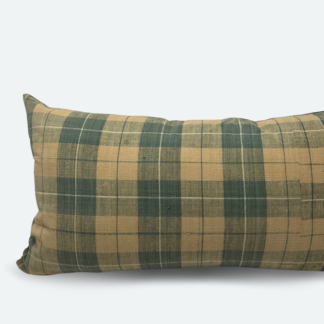 Large Lumbar Pillow Cover - Green and Yellow Plaid Madras