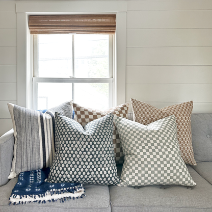 Medium Lumbar Pillow Cover - Dusty Blue Checkered Block Print | FINAL SALE