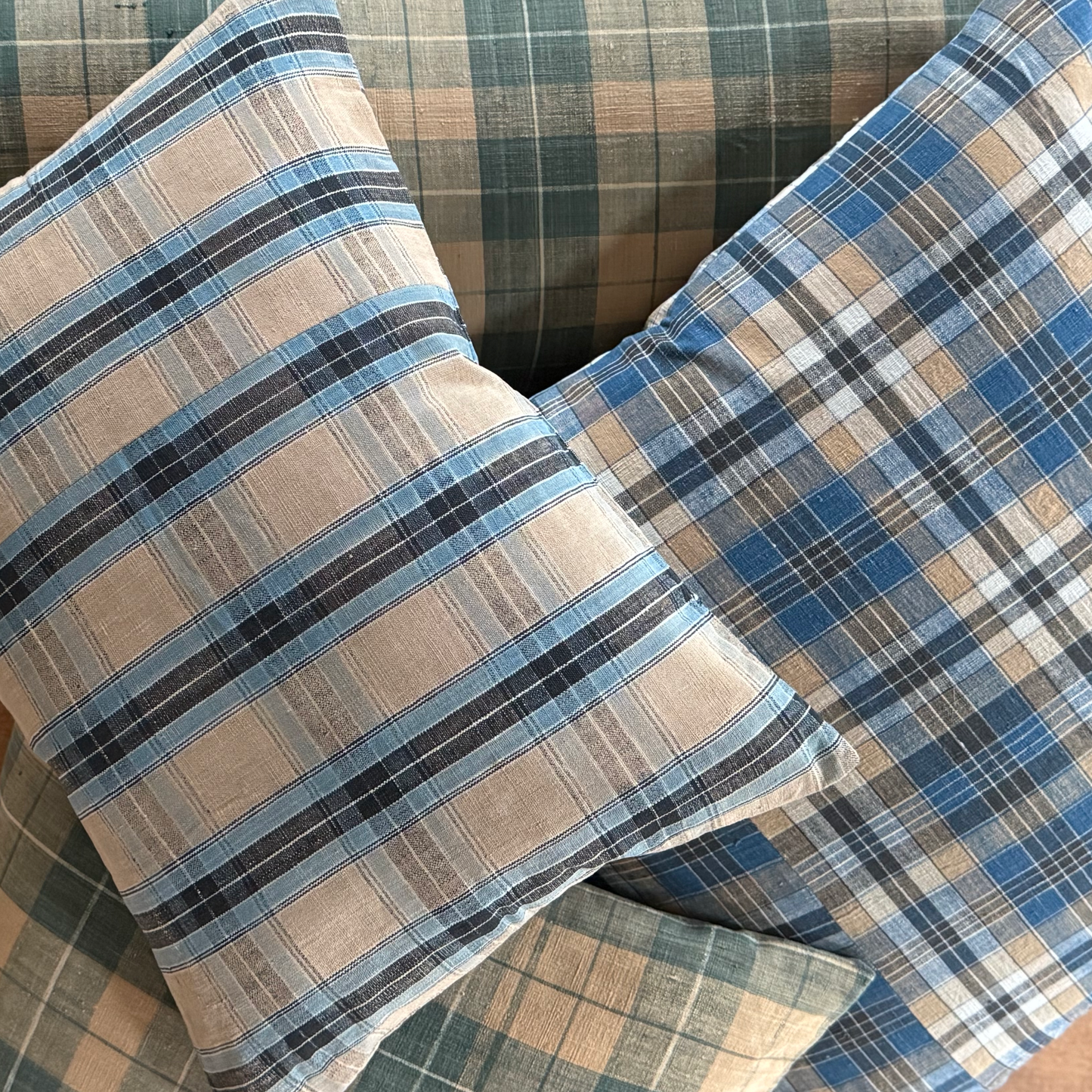 Square Pillow Cover - Blue and Black Plaid Madras