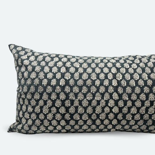 Large Lumbar Pillow Cover - Indigo Floral Blossom Block Print