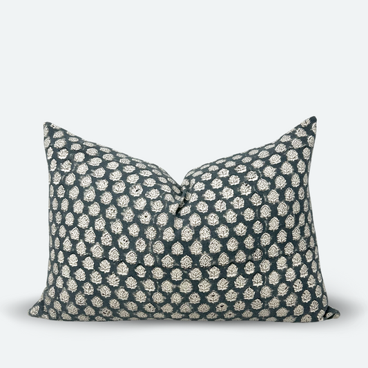 Medium Lumbar Pillow Cover - Indigo Floral Blossom Block Print