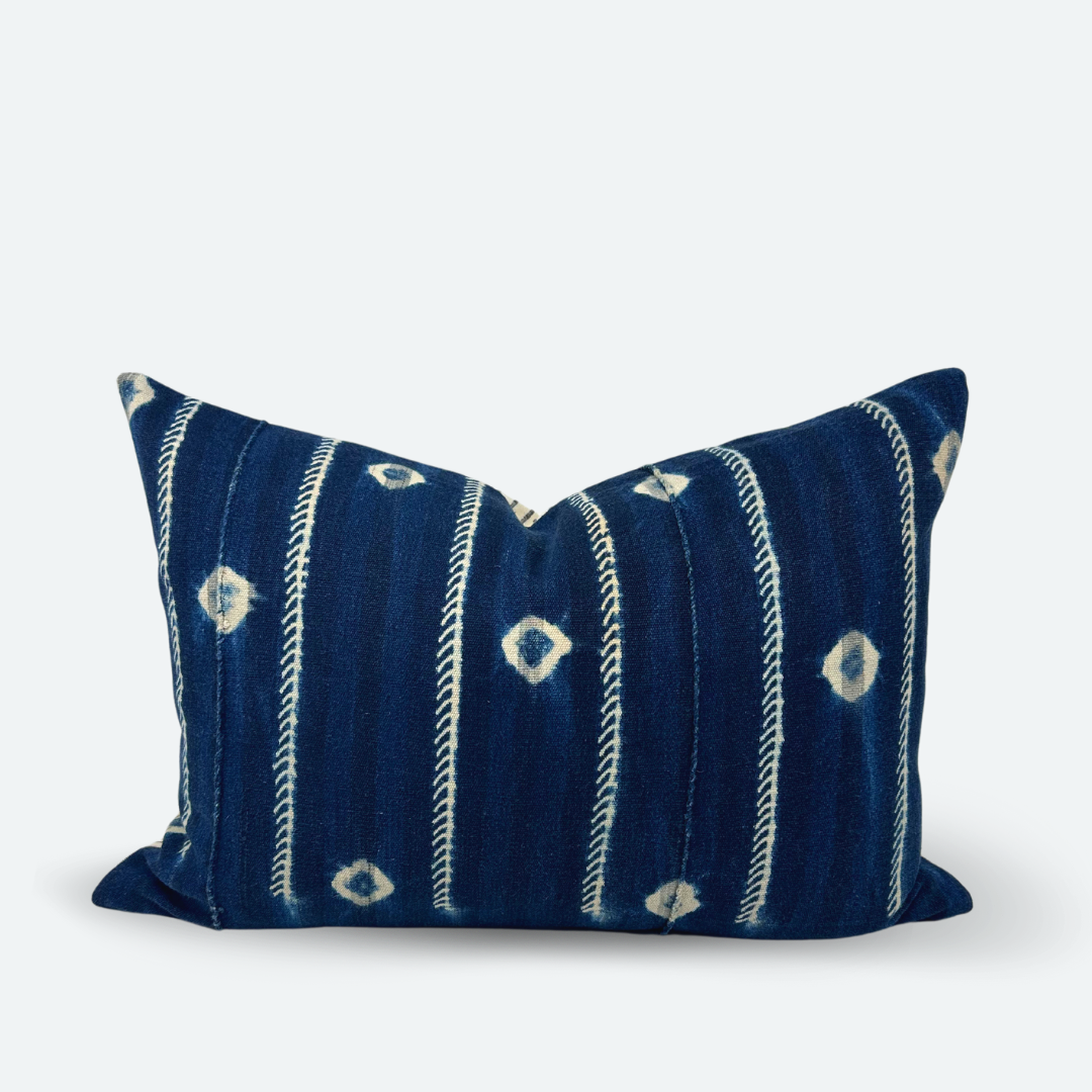 Medium Lumbar Pillow Cover - Indigo Shibori & Black Woven Stripe