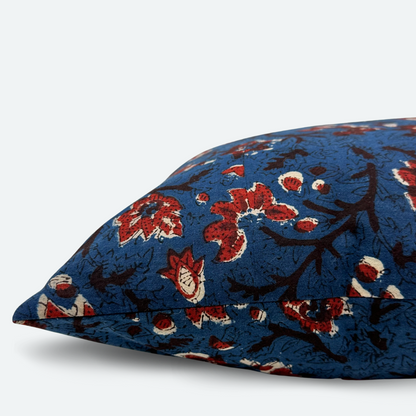 Square Pillow Cover - Indigo and Ruby Floral Cotton Block Print