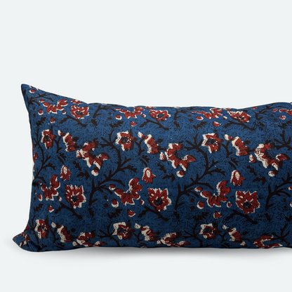 Large Lumbar Pillow Cover - Indigo and Ruby Floral Cotton Block Print