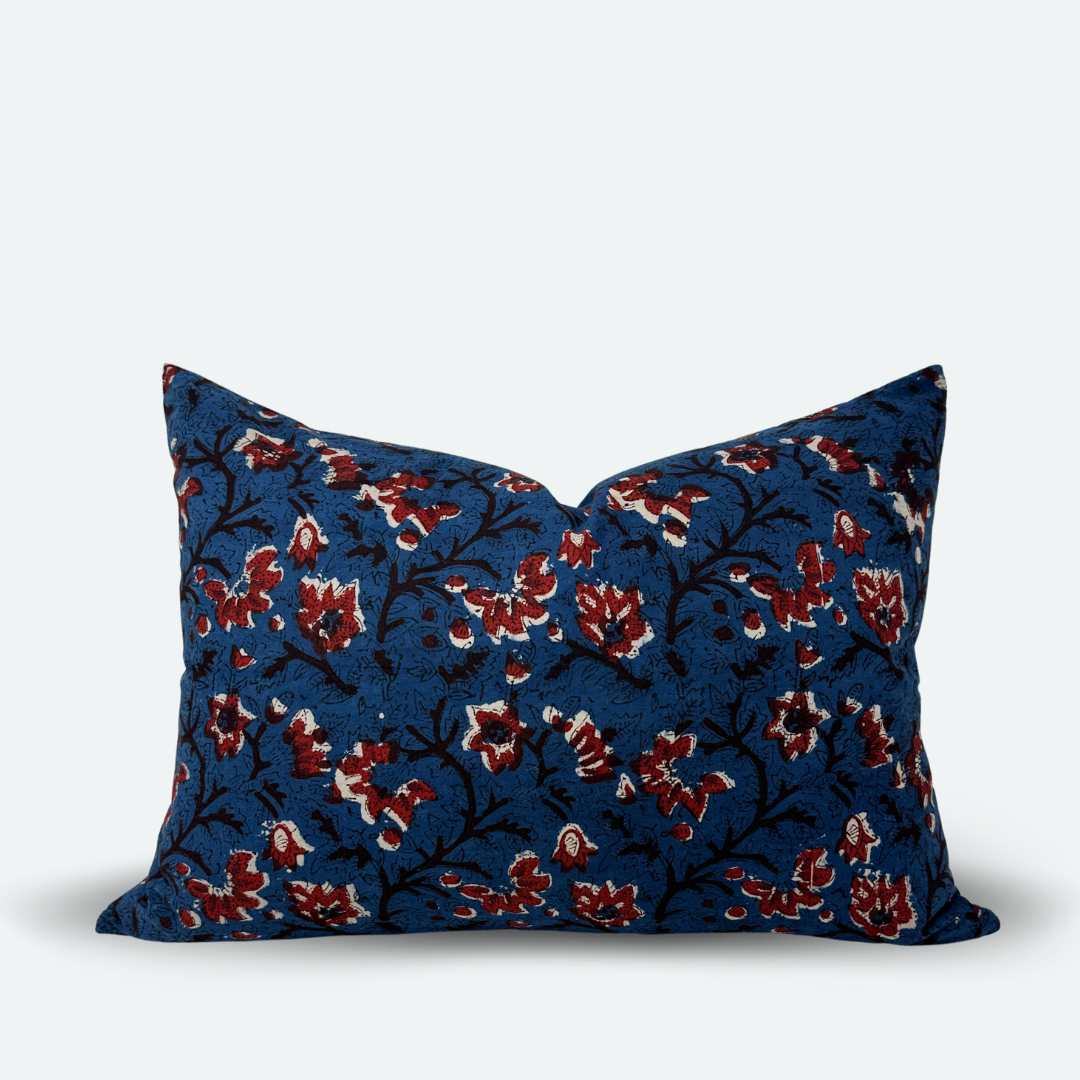 Medium Lumbar Pillow Cover - Indigo and Ruby Floral Cotton Block Print