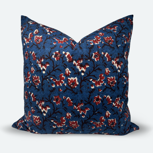 Square Pillow Cover - Indigo and Ruby Floral Cotton Block Print