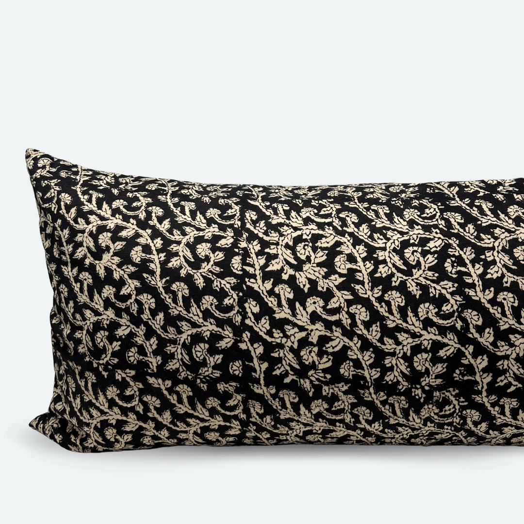 Large Lumbar Pillow Cover - Midnight Vine Cotton Block Print