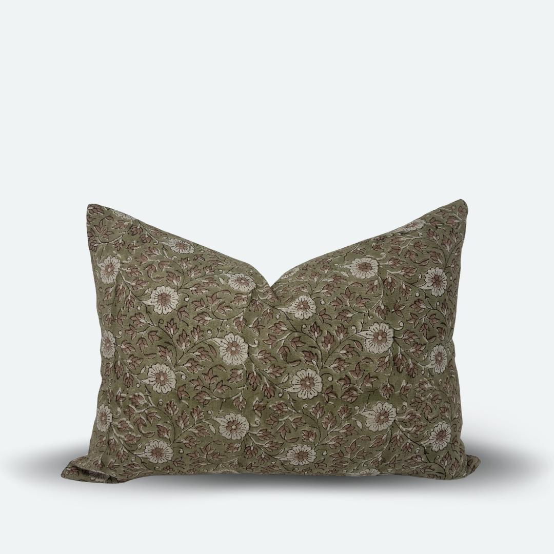 Medium Lumbar Pillow Cover - Olive Floral Block Print