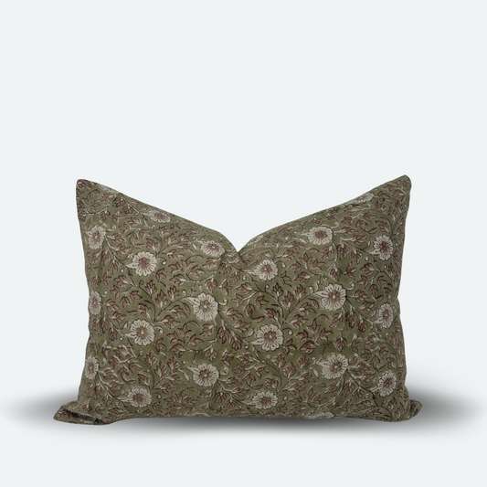 Medium Lumbar Pillow Cover - Olive Floral Block Print