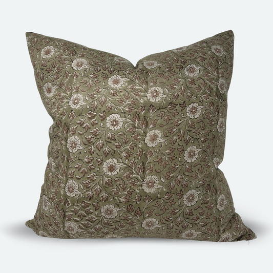 Square Pillow Cover - Olive Floral Block Print