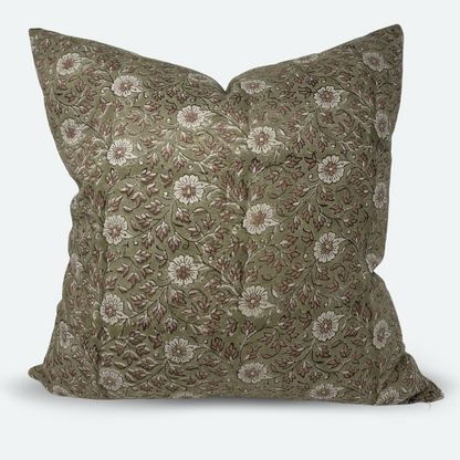 Square Pillow Cover - Olive Floral Block Print