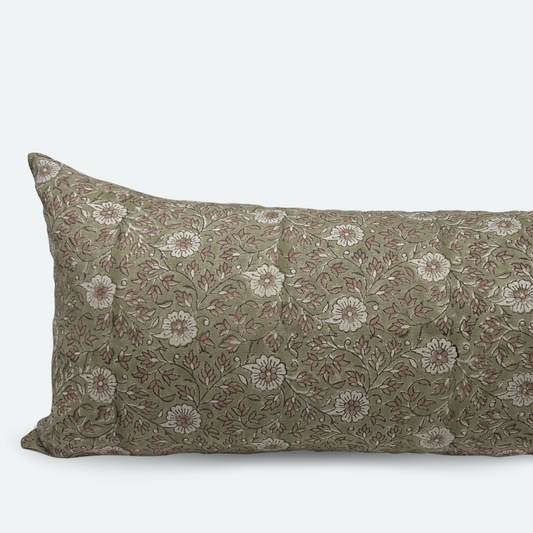 Large Lumbar Pillow Cover - Olive Floral Block Print