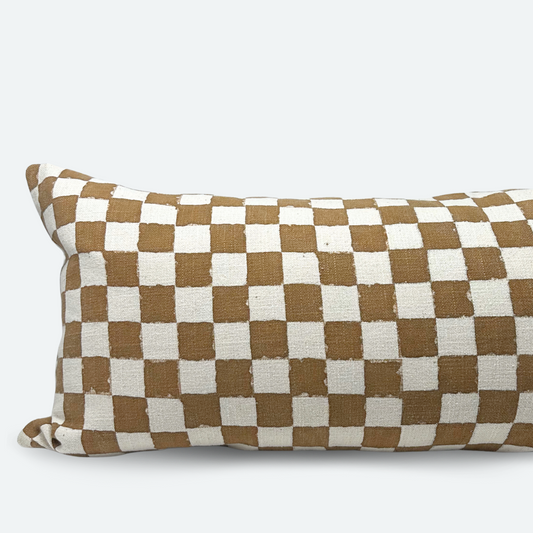 Large Lumbar Pillow Cover - Terracotta Checkered Block Print | FINAL SALE