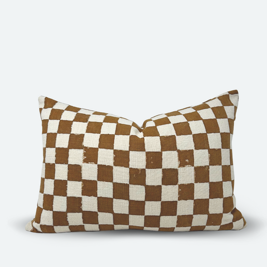 Medium Lumbar Pillow Cover - Terracotta Checkered Block Print | FINAL SALE
