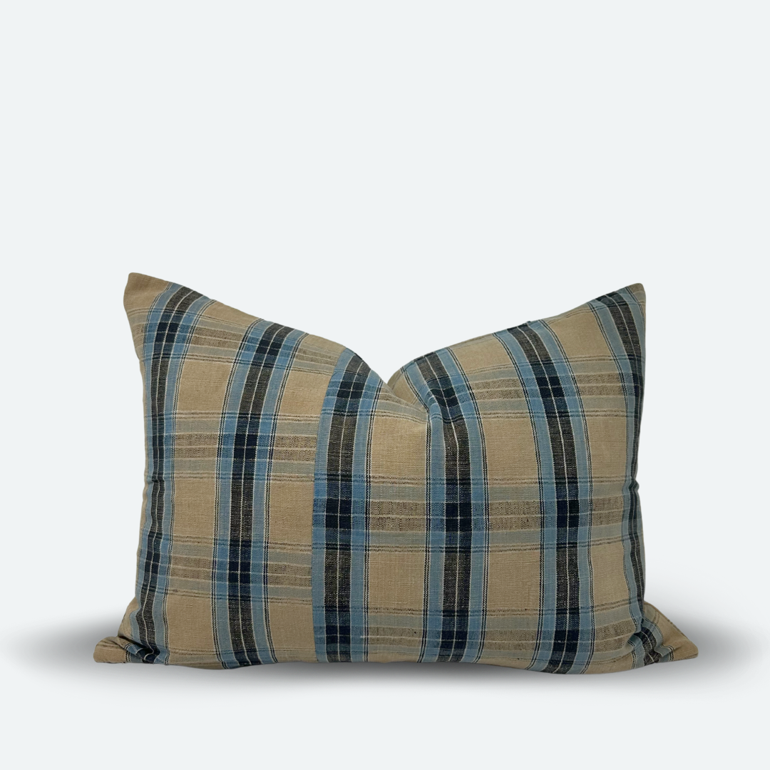 Medium Lumbar Pillow Cover - Wheat and Blue Plaid Madras
