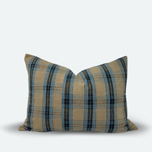 Medium Lumbar Pillow Cover - Wheat and Blue Plaid Madras