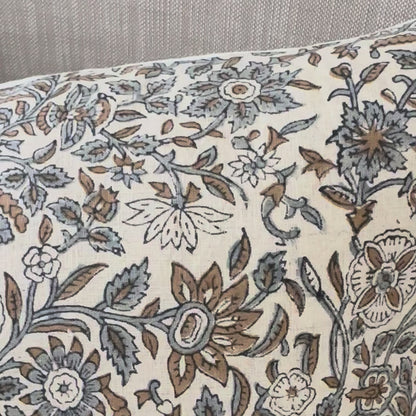 Large Lumbar Pillow Cover - Dusty Blue Floral Block Print