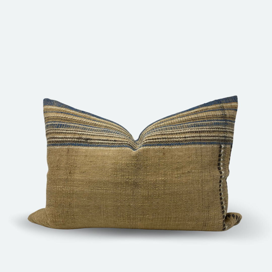 Medium Lumbar Pillow Cover - Sand & Dusty Blue Indian Wool Stripe | FINAL SALE