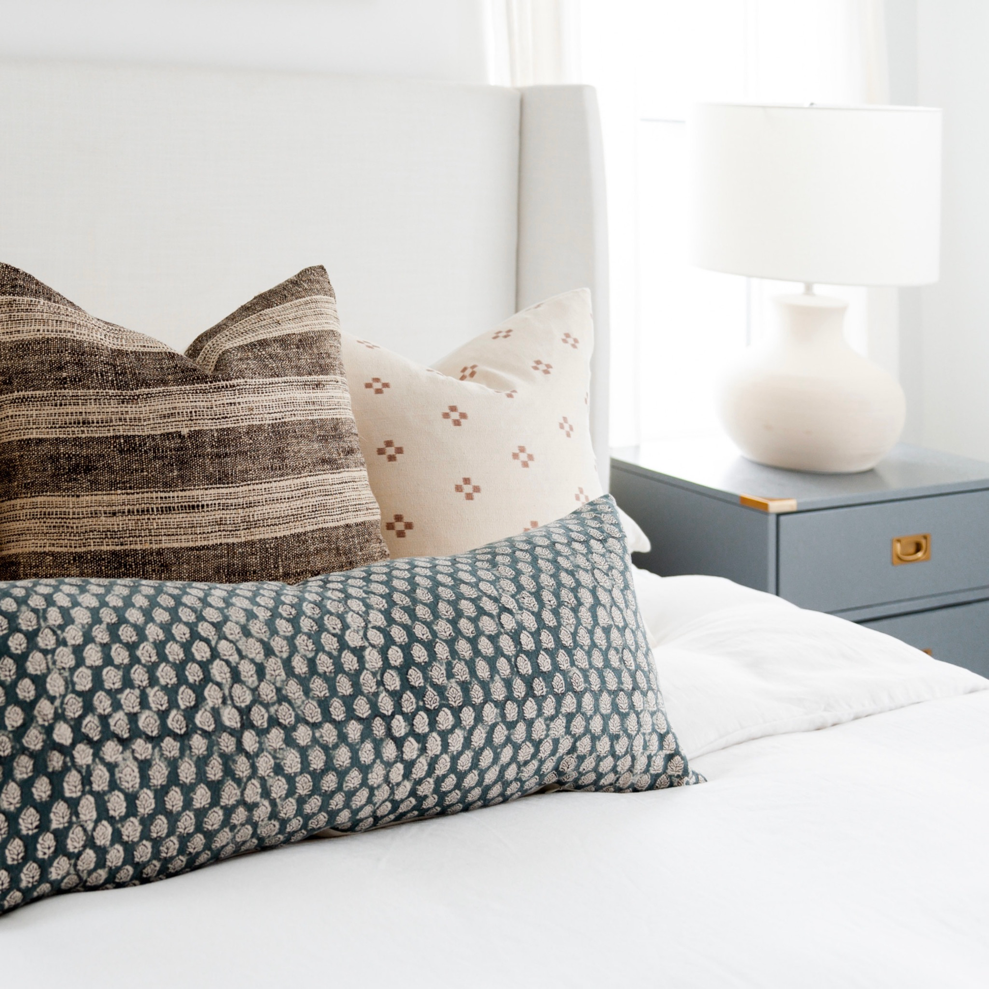 Large Lumbar Pillow Cover Indigo Floral Blossom Block Print