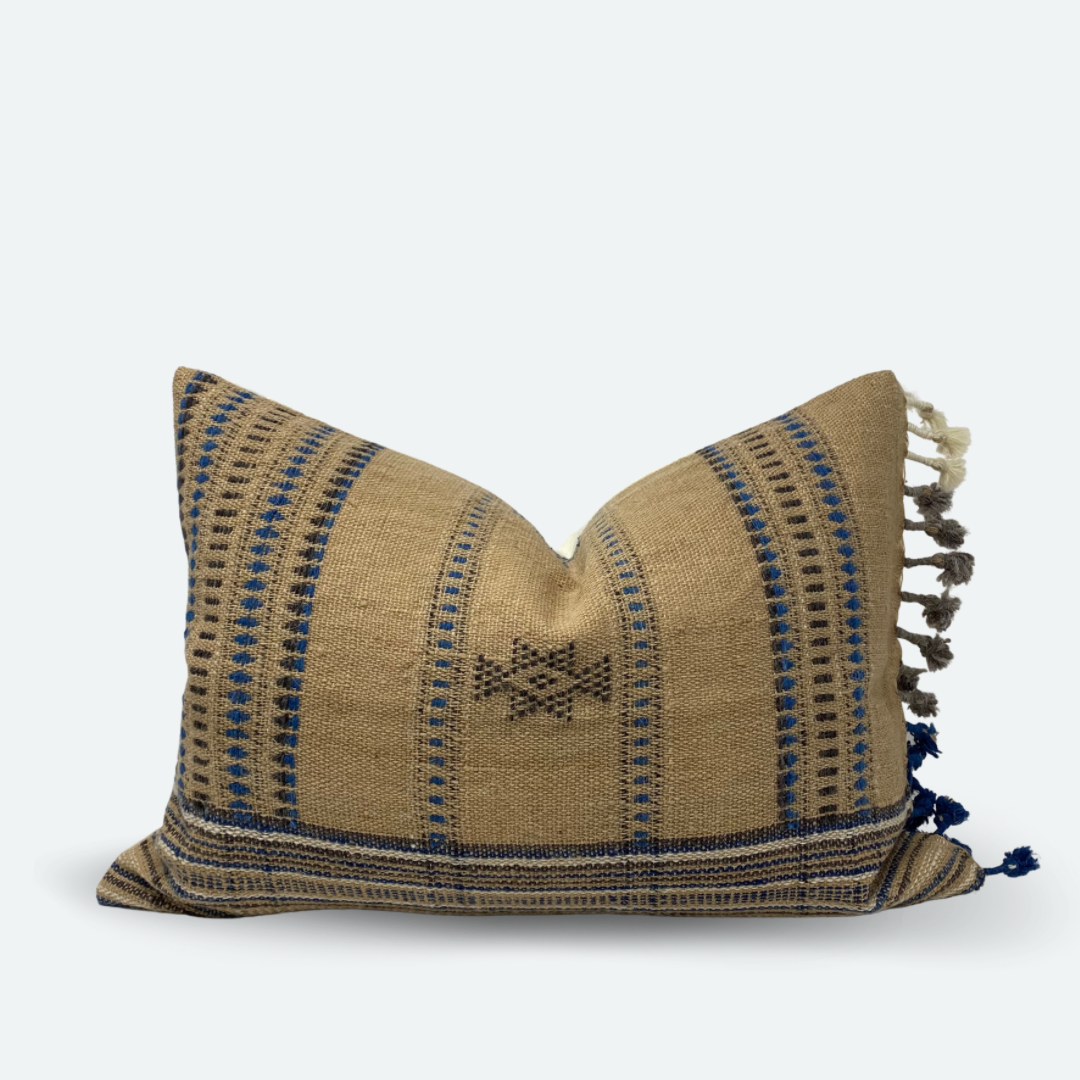 Medium Lumbar Pillow Cover - Sand & Dusty Blue Indian Wool Stripe | FINAL SALE